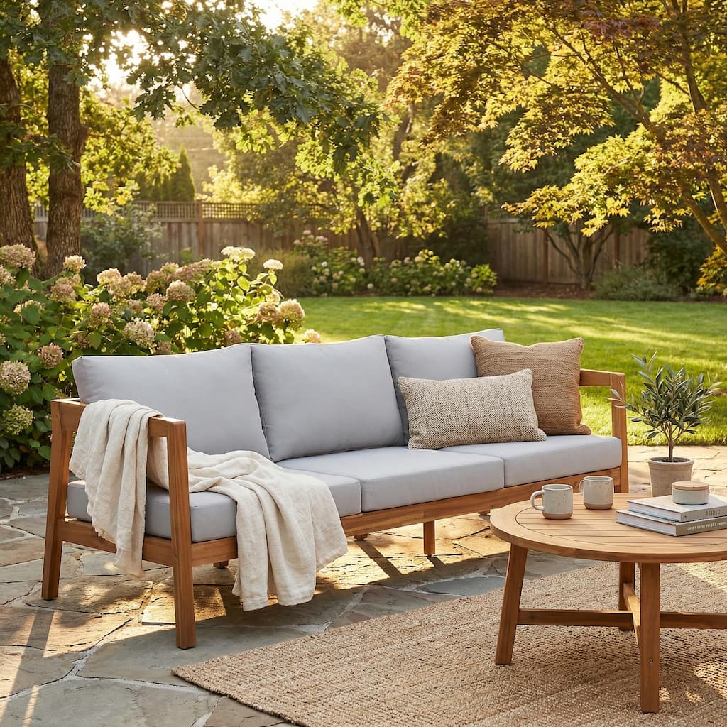 Christopher Knight Home - 76.38" W Outdoor Teak Finish Solid Wood 3-Seater Sofa with Cushions
