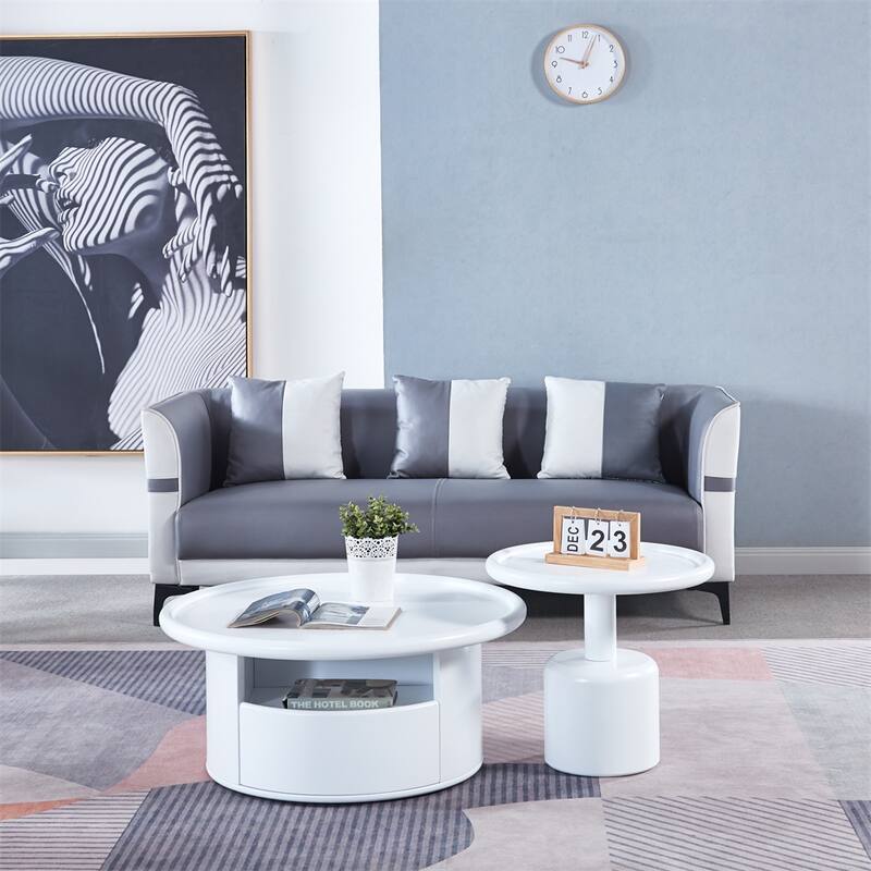 2 Pieces White MDF Round Coffee Table Set for Living Room