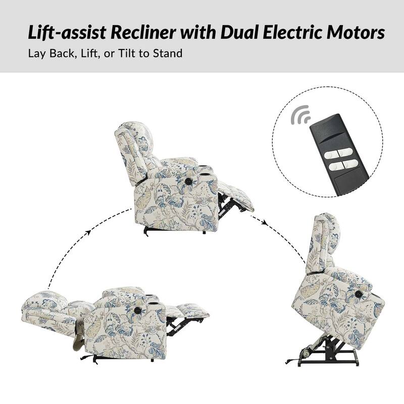 Larry Traditional Floral Dual Motor Heated Lift Assist Power Recliner with Massage by HULALA HOME