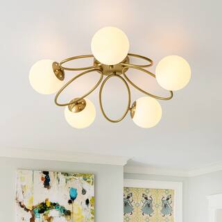 Modern 5-Light Opal Glass Metal Ring Semi Flush Mount Ceiling Light