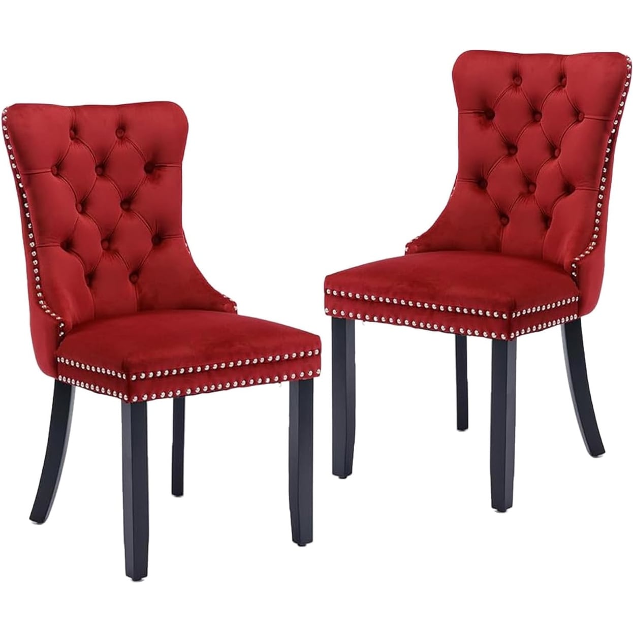Set of 2 Velvet Upholstered Tufted Dining Chairs with Nailhead Trim and Solid Wood Legs, Burgundy Red