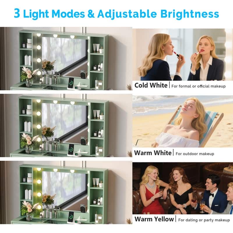 Particle Board Veneered 3 Drawers 2 Glass Doors Left and Right 2-tier Shelves Glass Tabletop Dressing Table - N/A