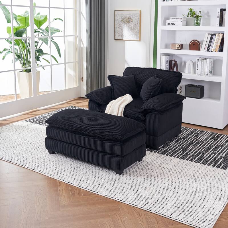 56.3" Corduroy Single Sofa Chair with 2 Toss Pillows & a Ottoman