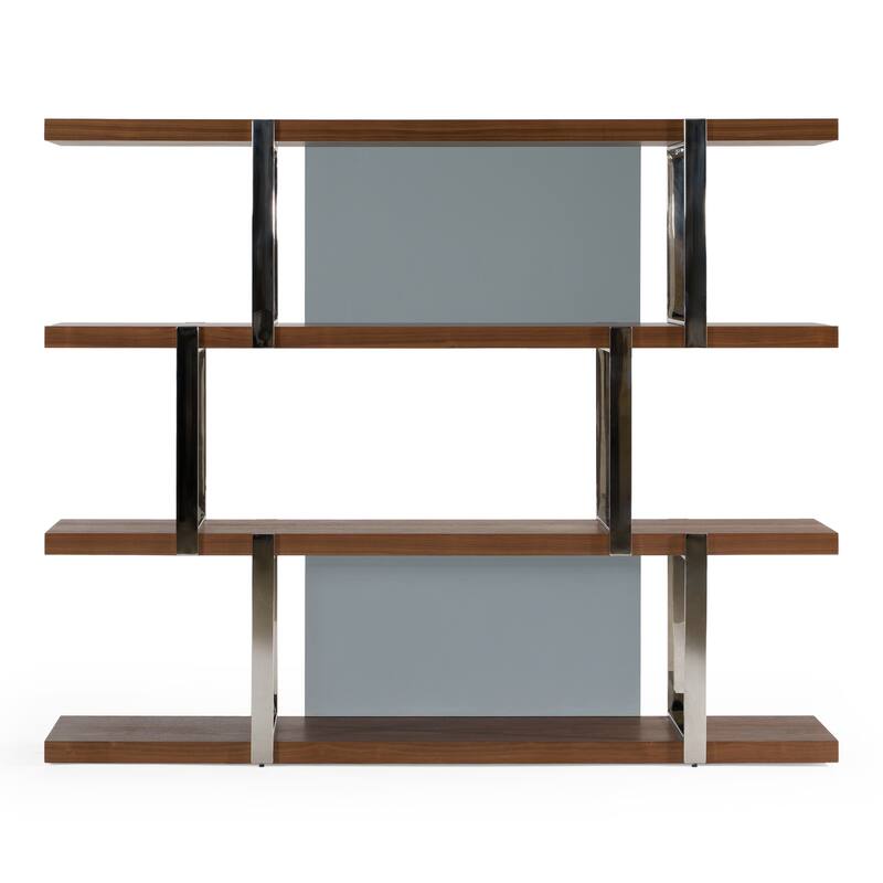 Modrest Brewer Modern Walnut Glass & Stainless Steel Bookshelf