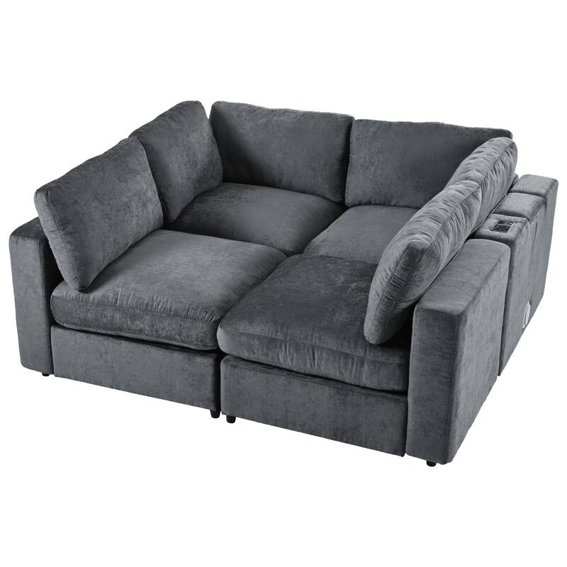 Modular Sofa with Charging Ports & Bluetooth Speaker, 4 Seat Straight Row Sectional Sofa Convertible L-Shaped Sleeper Couch