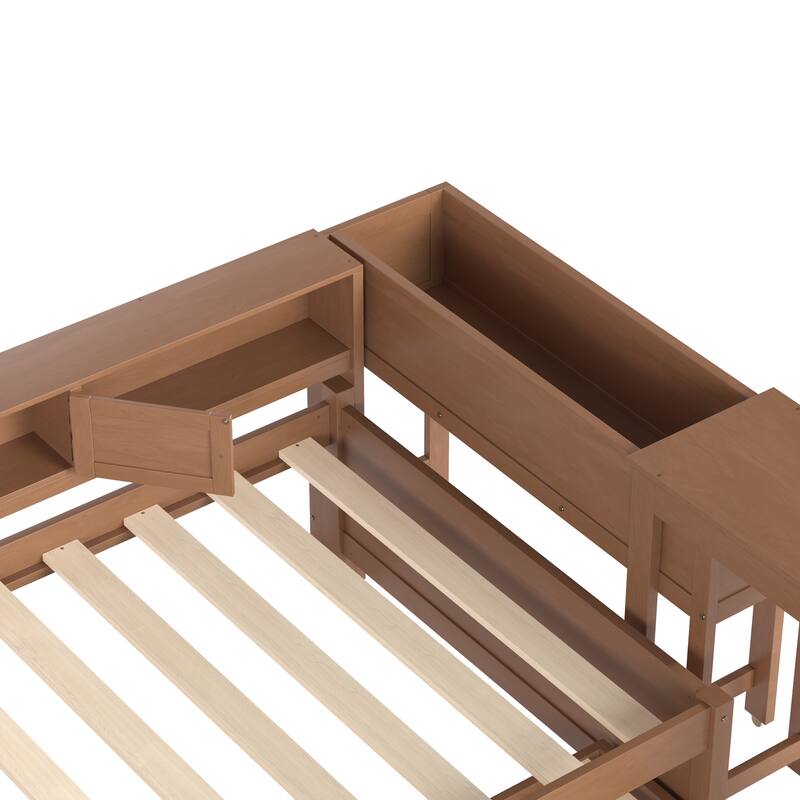 Full/Twin Daybed with Trundle & Storage Drawers - Wood Frame with Side Shelves and Desk