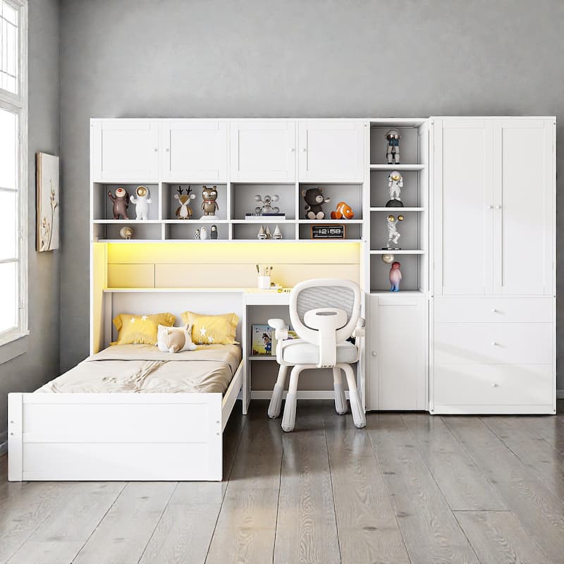 Twin Size Wooden Platform Bed with Desk and Storage, LED Light, Wardrobe Cabinets Drawers and Shelves - White - Twin
