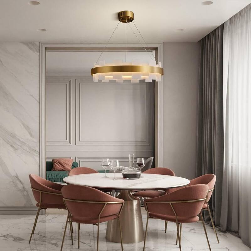KAYLA Luxury Alabaster Chandelier, 37.4 in. Modern Integrated LED Gold Pendant Light for Entryway, Living Room & Foyer