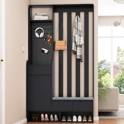 6-in-1 Entryway Hall Tree with Pegboard and Storage Bench, Modern Coat Rack Shoe Cabinet with 4 Hooks