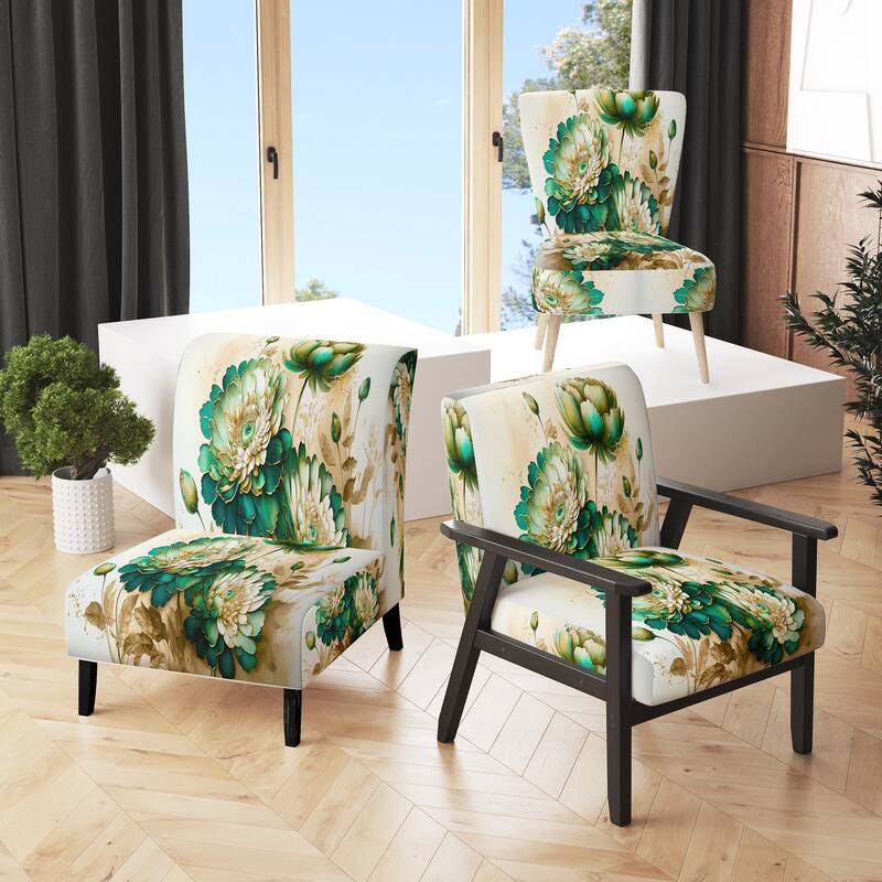 Designart "Green Blooming Daisy I" Upholstered Floral & Botanical Accent Chair and Traditional Arm Chair - Multiple Color