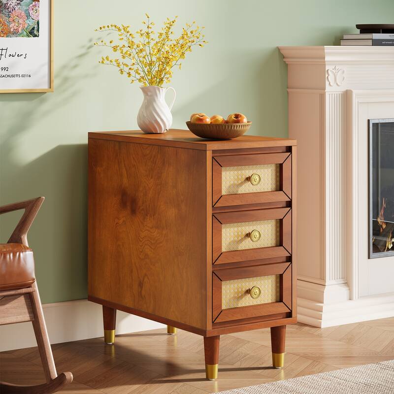 Solid Wood End Table with 3 Rattan Drawers, Narrow Slim Nightstand - Chestnut Brown