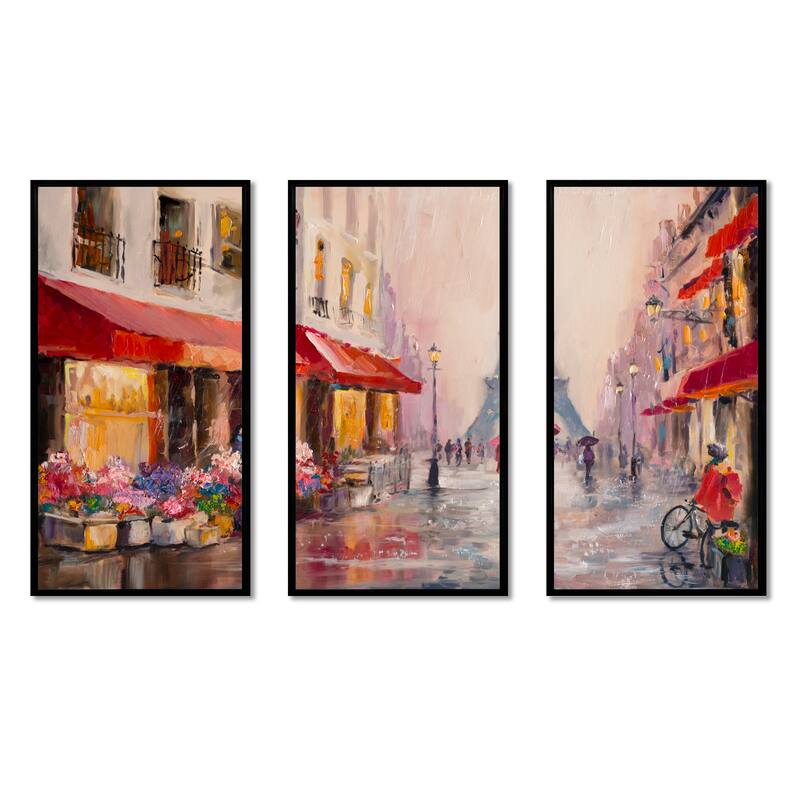 Designart "Lovers in Paris Eiffel Tower " Cityscape Framed Art Set of 3 - 4 Colors of Frames
