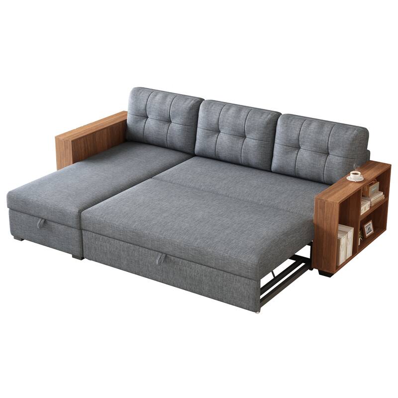 Upholstered Pull Out Convertible Sectional Sofa with Storage Chaise