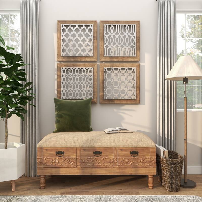 Brown Wood Intricately Carved Floral Storage Bench with Cream Burlap Top