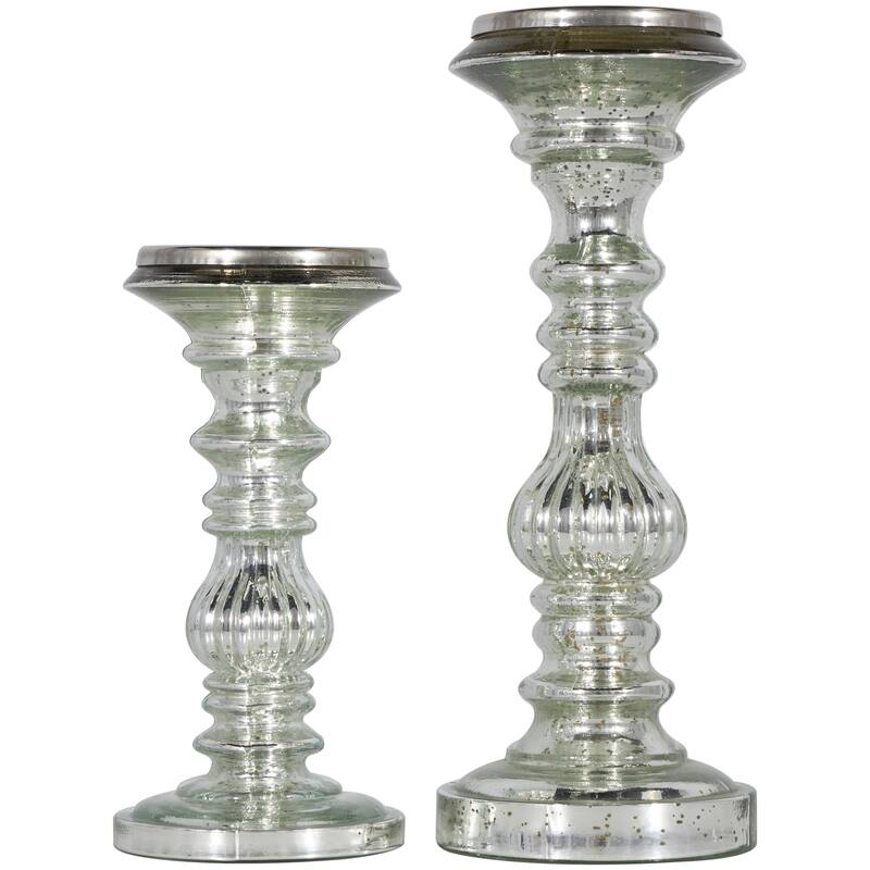 Metal Handmade Turned Style Pillar Candle Holder - Set of 2 Silver - Roche River Decor - 4"W x 4"L x 9"H