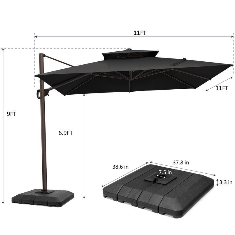 Pellebant 11 ft Patio Cantilever Offset Umbrella Double Top with Base