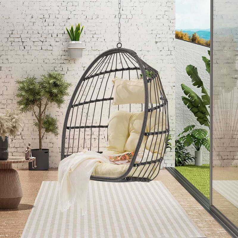 Outdoor Grey Wicker Foldable Swing Hammock Hanging Egg Basket Chair