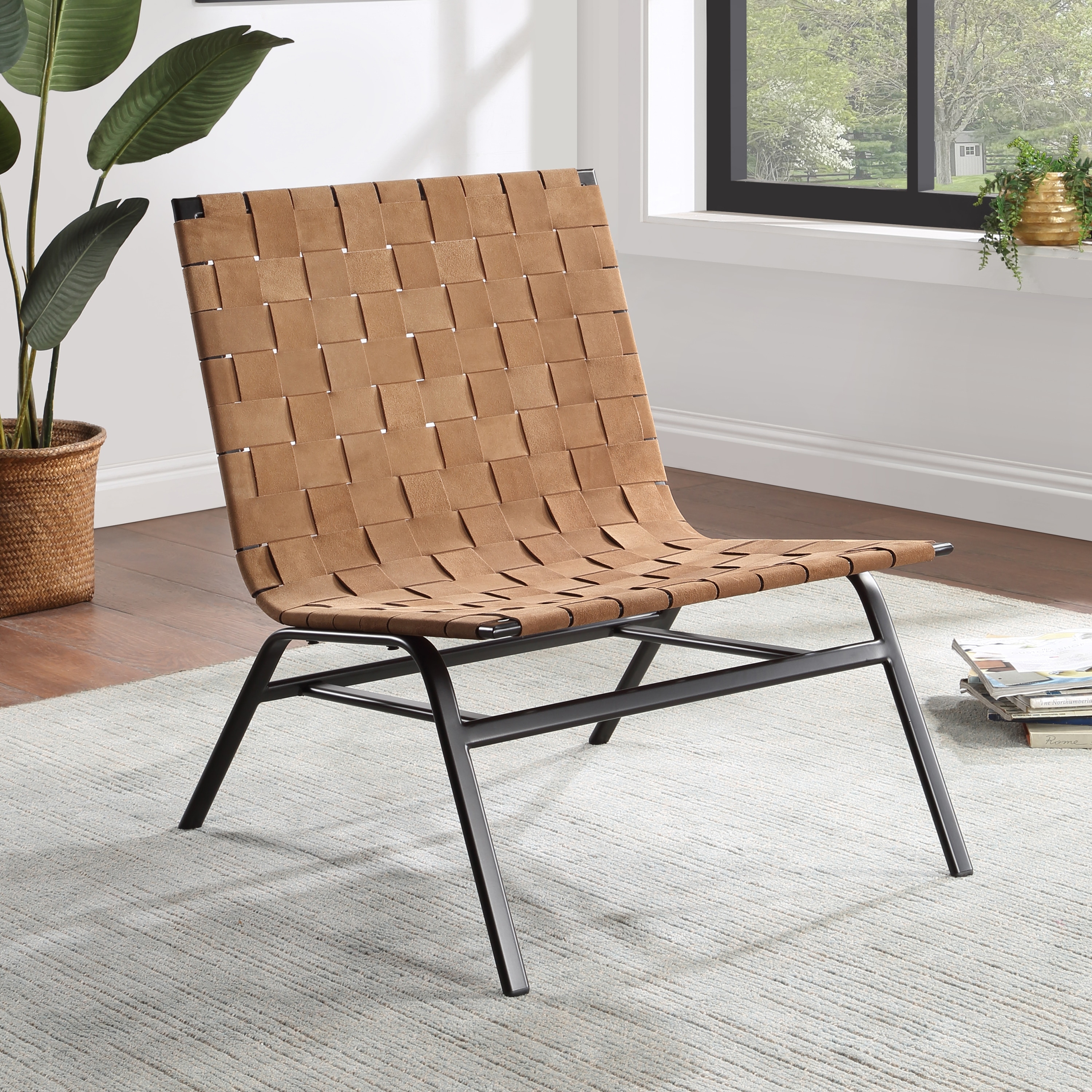 Calvo Woven Brown Leather Metal Frame Accent Chair