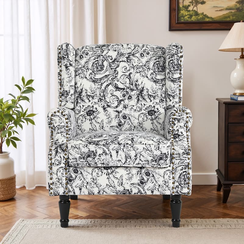 Traditional Floral Patterned Wingback Armchair with Nailhead Trim