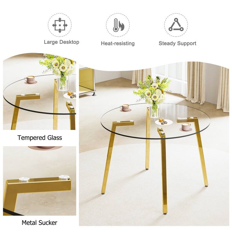 Modern 42" Round Transparent Tempered Glass Table with Golden Metal Base for Kitchen, Dining & Living Room