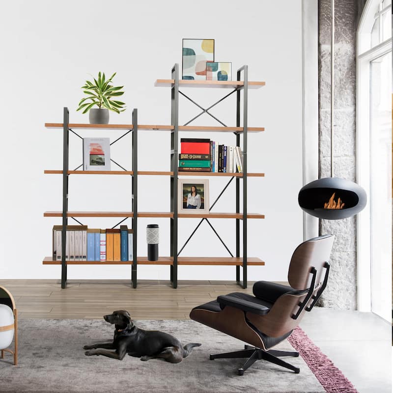 Mryna Adjustable JD Walnut Wood and Metal Step Display and Steel Etagere Bookcase - Left - 71.06'' x 70.86'' x 12.52''