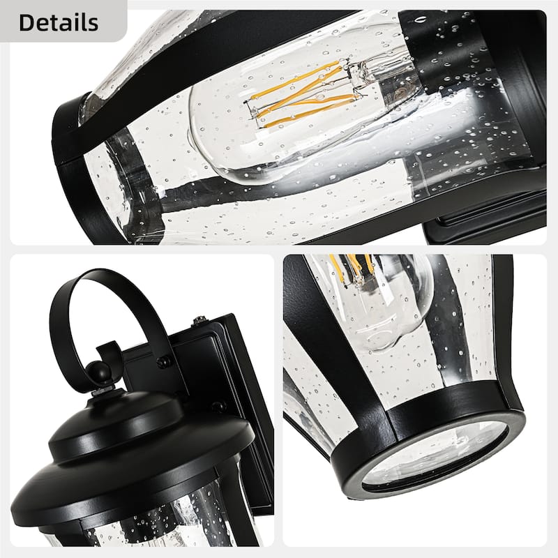 14 in. 1-Light Matte Black Dusk to Dawn Outdoor Wall Sconce with Clear Seeded Glass - E26, Wet Rated, Farmhouse Style