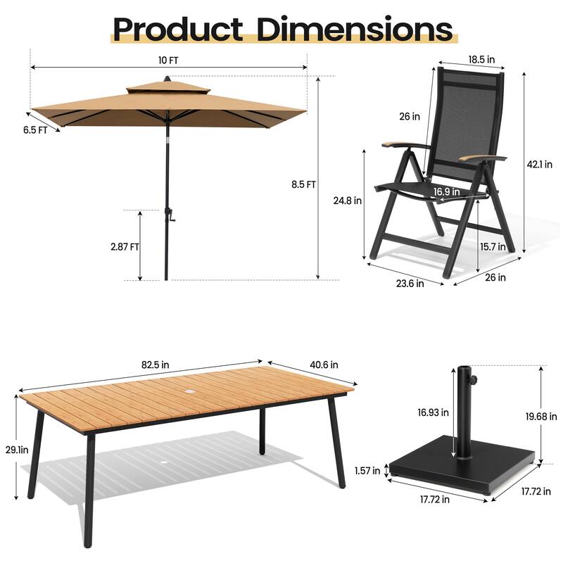 11PC Outdoor Patio Dining Set Wood-Like Aluminum Umbrella Hole Table with Folding Chairs,Double Top Market Umbrella and Base