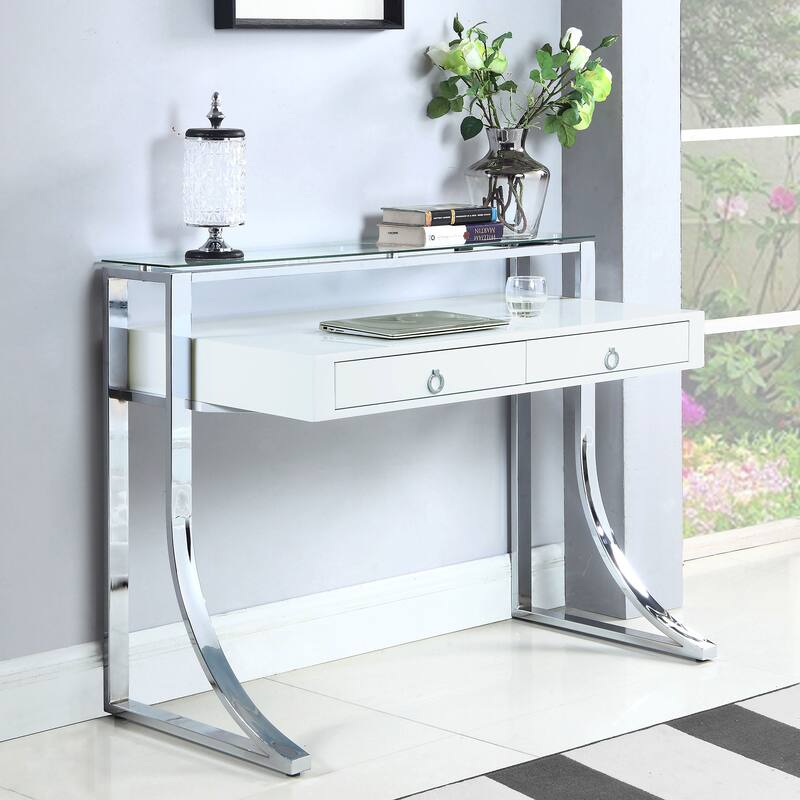 GDFStudio - Serrano High Gloss Writing Desk with Hutch, 2 Drawers, Chrome Metal Frame, and Tempered Glass Accent - Glossy White