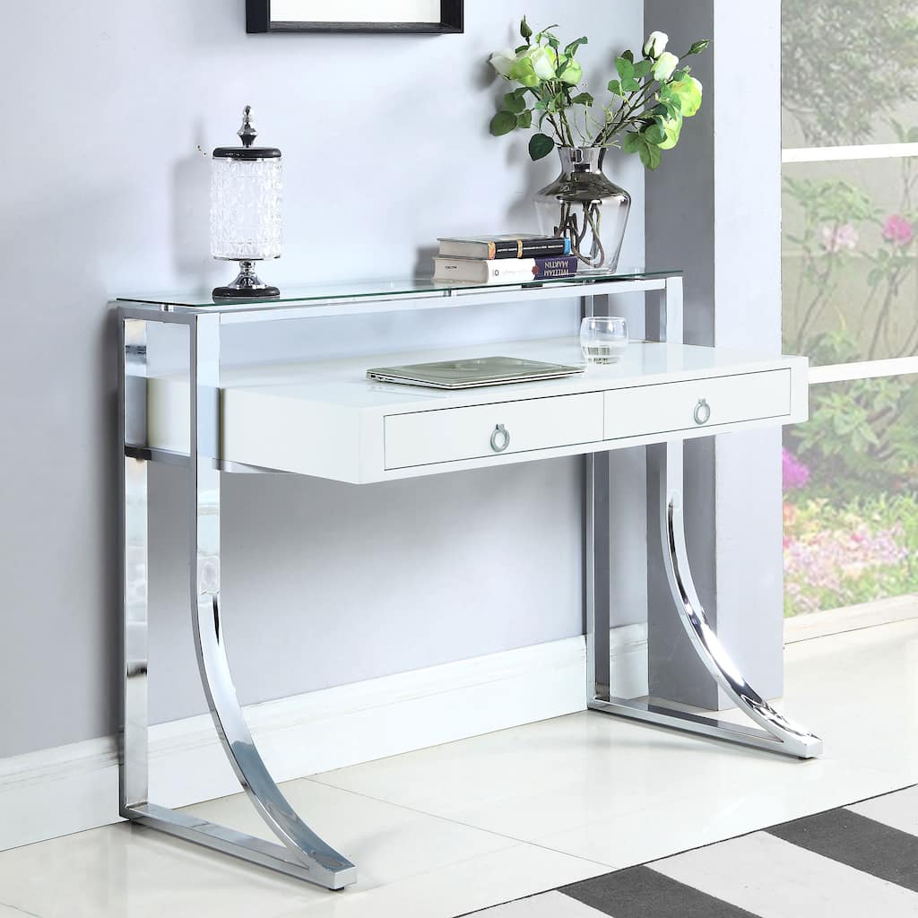 GDFStudio - Serrano High Gloss Writing Desk with Hutch, 2 Drawers, Chrome Metal Frame, and Tempered Glass Accent