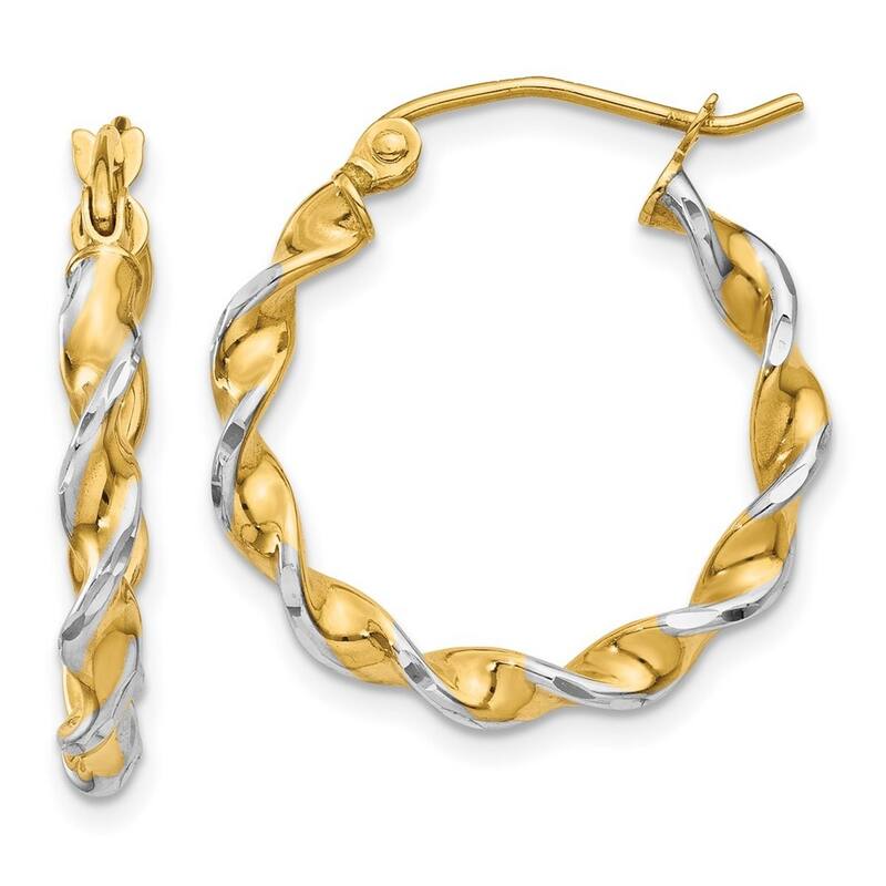 Curata 14k Yellow Gold and Rhodium Fancy Polished 20x2.75mm Twisted Hoop Earrings