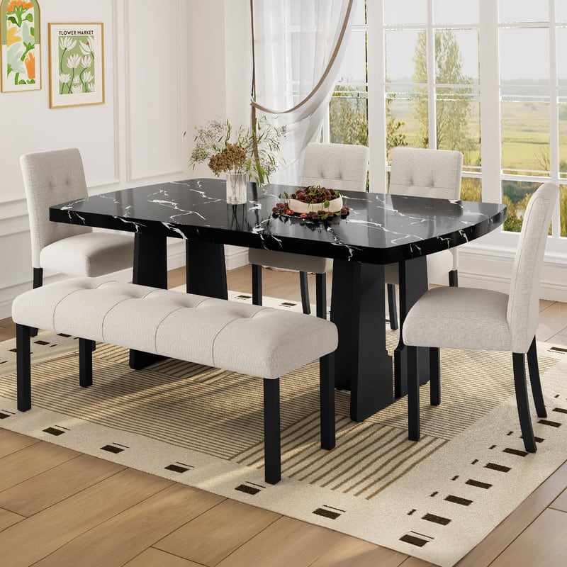 6 Piece Modern Dining Table Set, 63" Faux Marble Dining Table and 4 Upholstered Tufted Dining Chairs - Beige,Black
