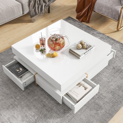 Modern High Gloss Coffee Table w/ 4 Drawers, Multi-Storage Square Cocktail Table Center Table w/ Wood Grain Legs for Living Room