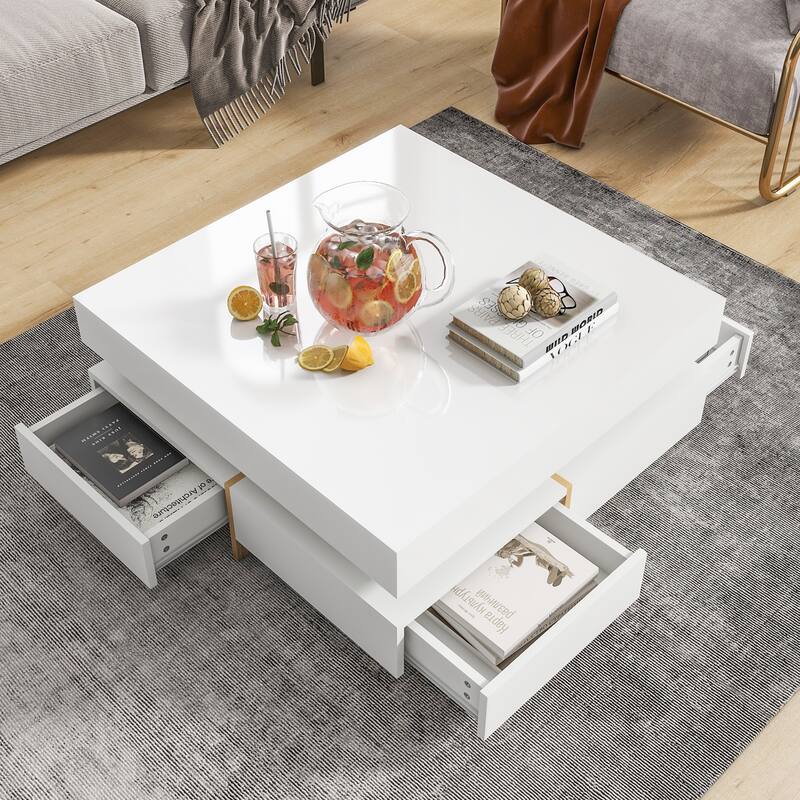 Modern High Gloss Square Coffee Table with 4 Drawers and Storage - 31.5" W × 31.5" D × 13.7" H