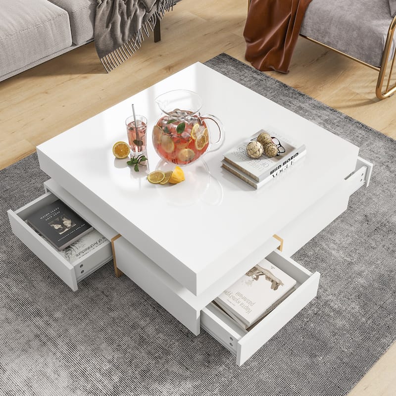 Roomfitters Modern High Gloss Square Coffee Table, Multi-Storage Center Table with Hidden Compartments and Wood Grain Legs - White