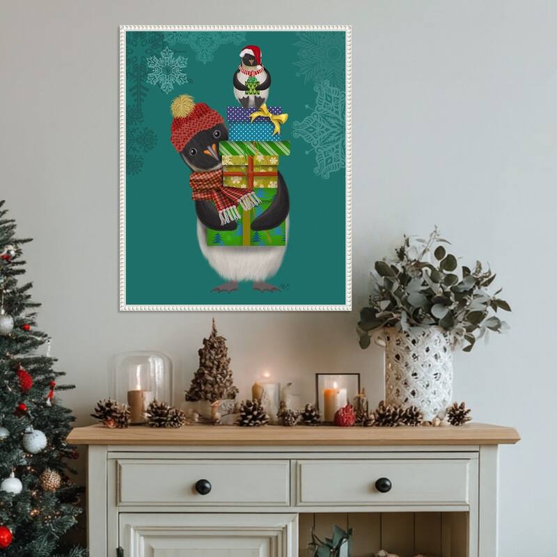 Christmas Penguin Gifts by Fab Funky (23 x 28 in.), Framed Canvas Wall Art Print - Sylvie Beaded White