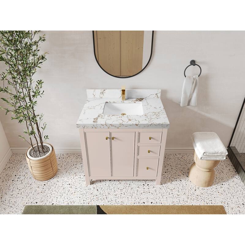 Willow Collections 36 in. W x 22 in. D Chicago Center Sink Left Bathroom Vanity with Countertop - 2"Viola Gold - Pink
