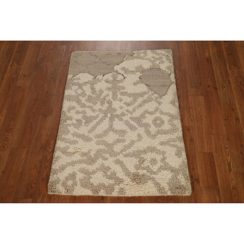 Abstract Moroccan Oriental Rug Hand-Knotted Beige Wool Carpet - 2'0"x 3'0"