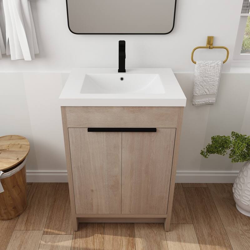 Freestanding Plywood Bathroom Vanity Set in Plain Light Oak with Integrated Sink