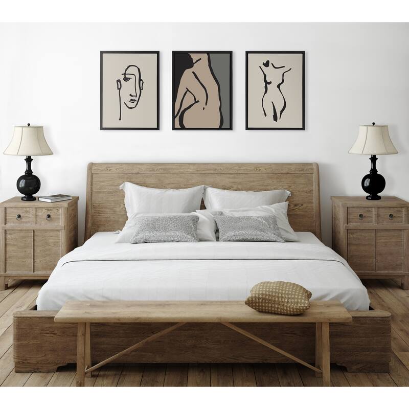 Kate and Laurel Sylvie Minimalist Neutral Line Art Drawing Face and Body Framed Canvas Art Set by The Creative Bunch Studio