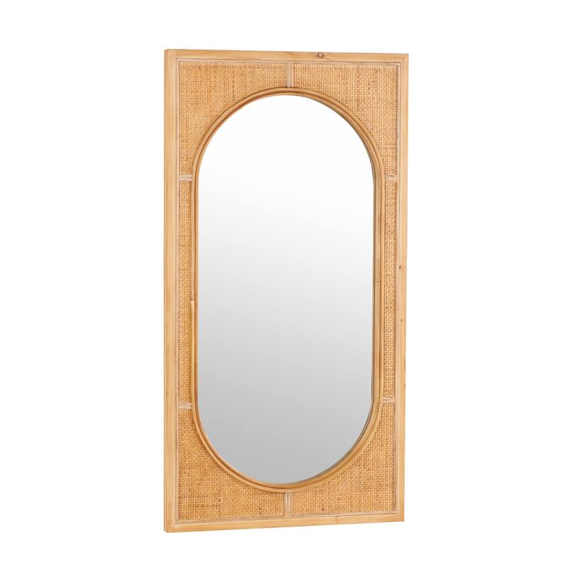 Brown Rattan Room Wall Mirror with Oval Center