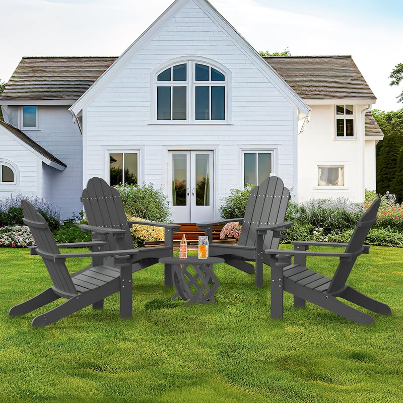 Plastic Poly Weather Resistant Outdoor Adirondack Chair Set of 4 Patio Classic Adirondack Chairs with Cup Holder - Dark Grey