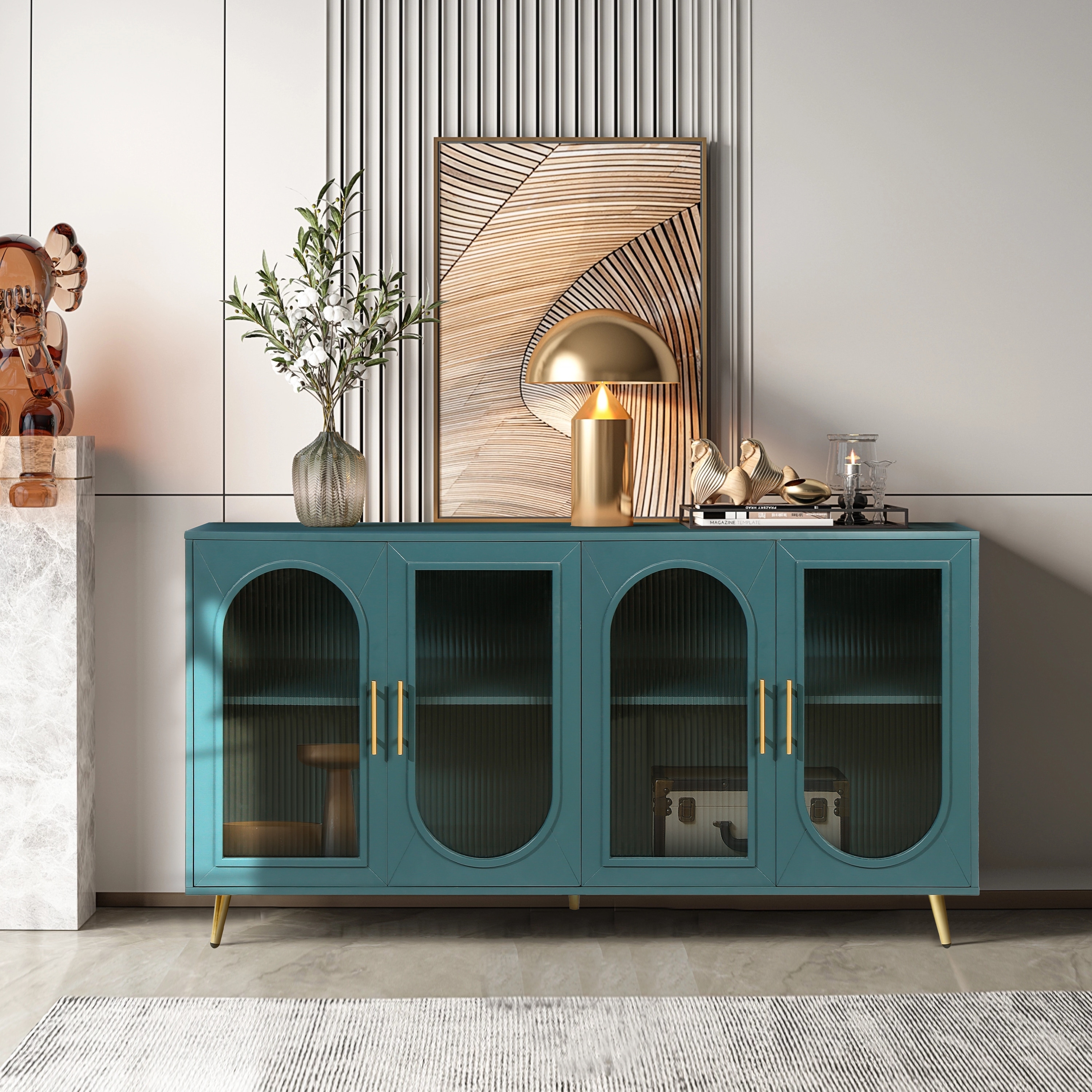 Navy Blue Storage Cabinet with Gaussian Glass Doors and Adjustable Shelves Sideboard