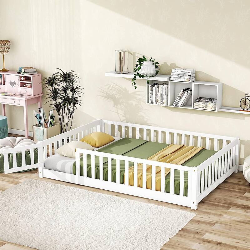 Twin/Full/Queen Size Floor Bed with Safety Guardrails, Toddler Floor Bed for Girls and Boys