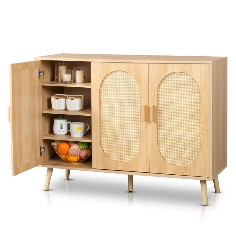 Modern Rattan Shoe Storage Cabinet with Double Doors and Adjustable Shelves, Accent Cabinet for Living Room, Bedroom, Hallway