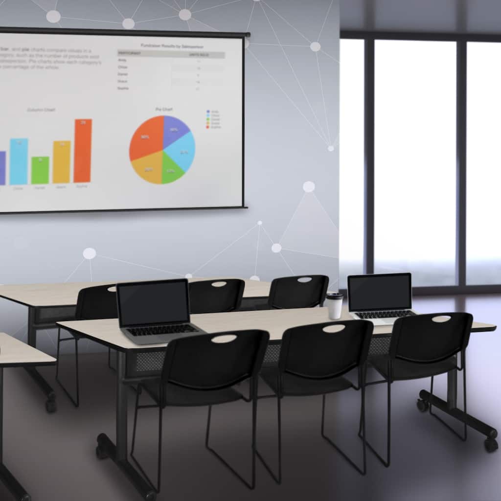 84" x 24" Flip Top Mobile Training Table with Modesty Panel- Maple and 3 Stack Chairs- Black