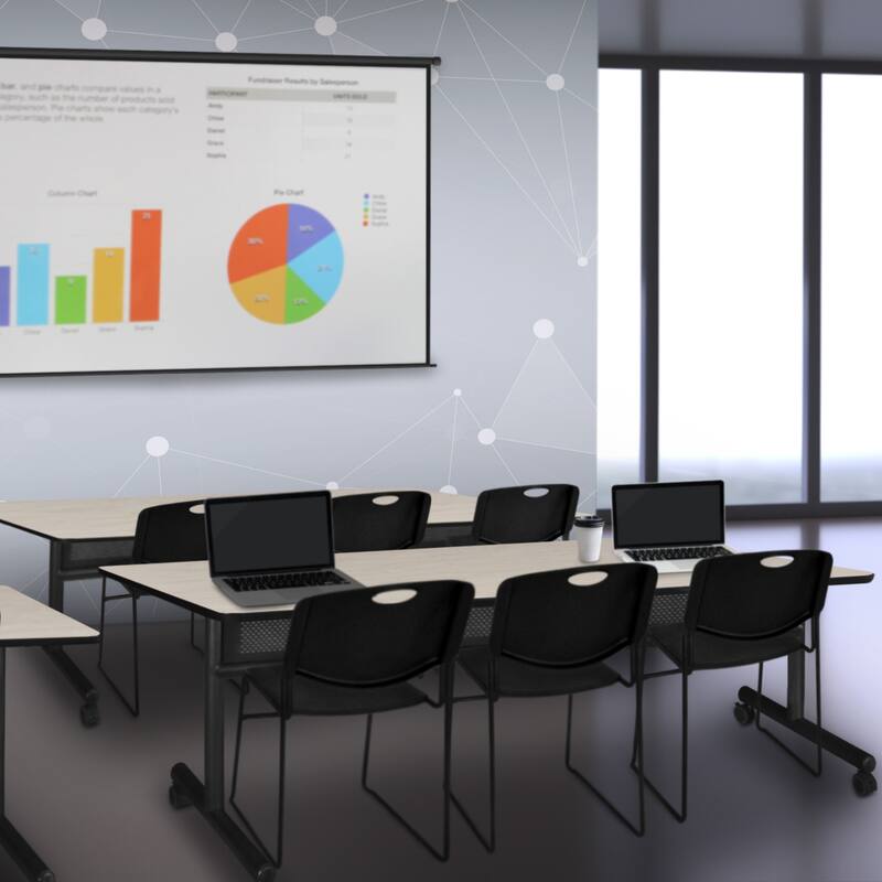 84" x 24" Flip Top Mobile Training Table with Modesty Panel- Maple and 3 Stack Chairs- Black