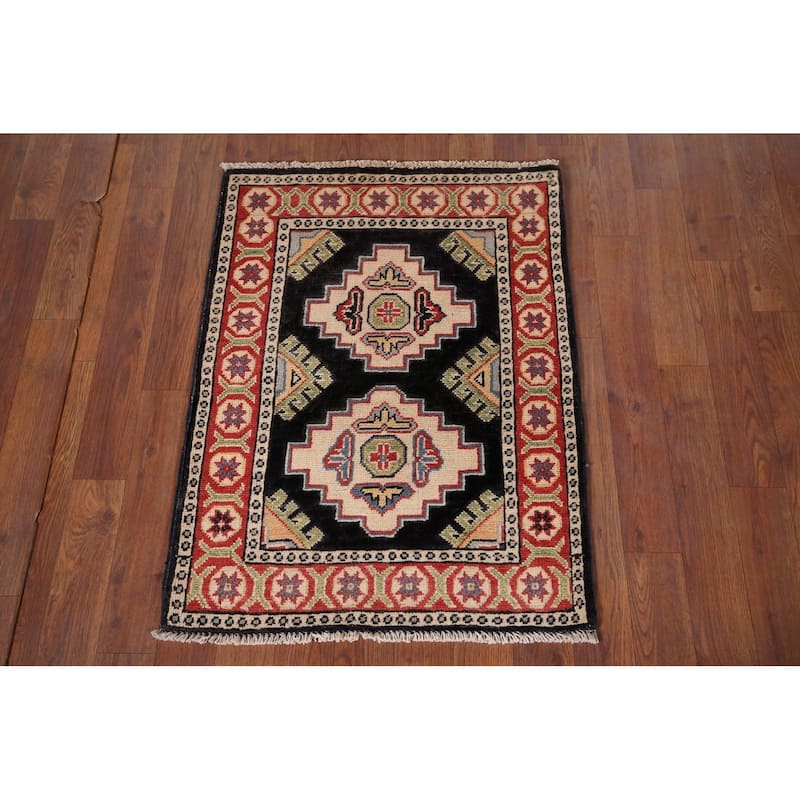 Black Geometric Kazak Oriental Foyer Rug Hand-Knotted Wool Carpet - 2'1" x 2'8"