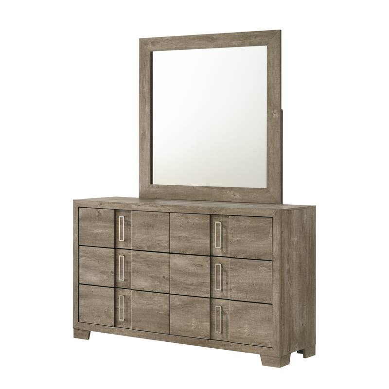 Dawson Light Brown Wood 6 Drawer Dresser with Mirror and Metal Pulls