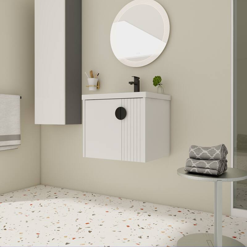 Modern Wall-Mounted Bathroom Vanity with Ceramic Sink, Soft-Close Doors, and 3 Pairs of Metal Handles for Customization