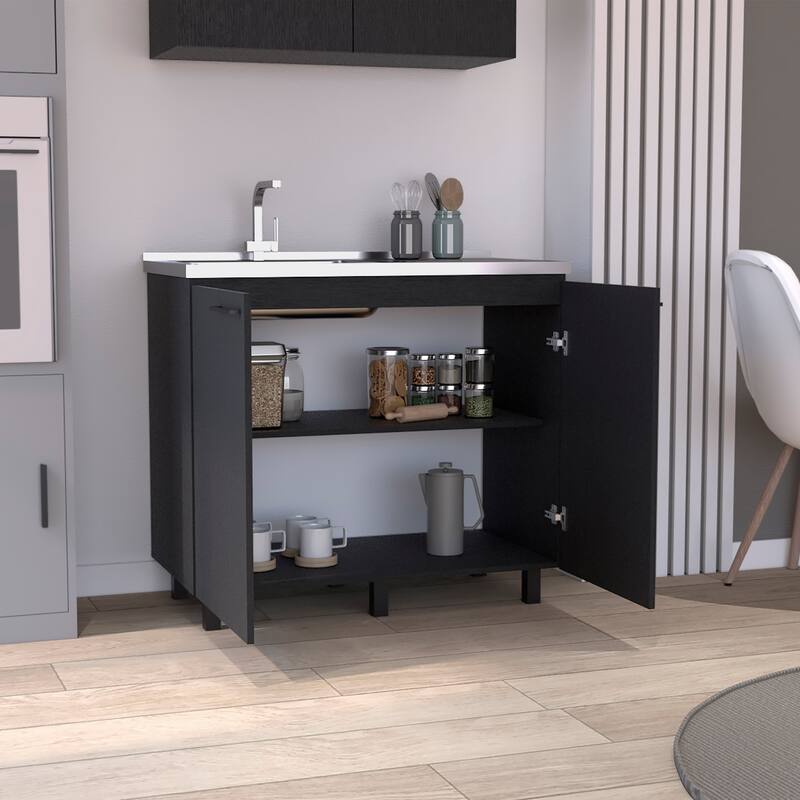 2-Door Freestanding Utility Base Cabinet with Stainless Steel Countertop, Black Finish, Large Shelf for Storage